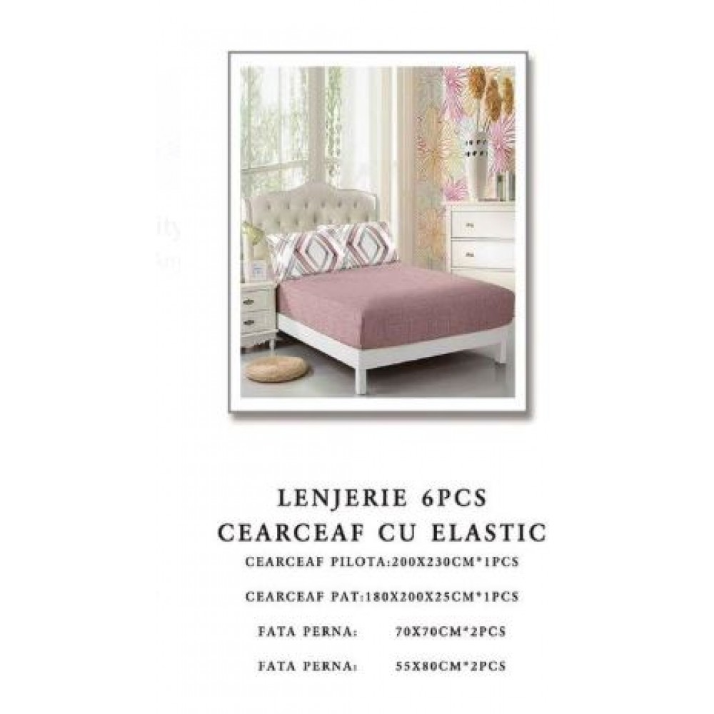 Set Lenjerie Eleganta pentru pat dublu din Bumbac Finet compus din 6 piese, Cearceaf de pat cu elastic 180x200cm+25cm, NW58