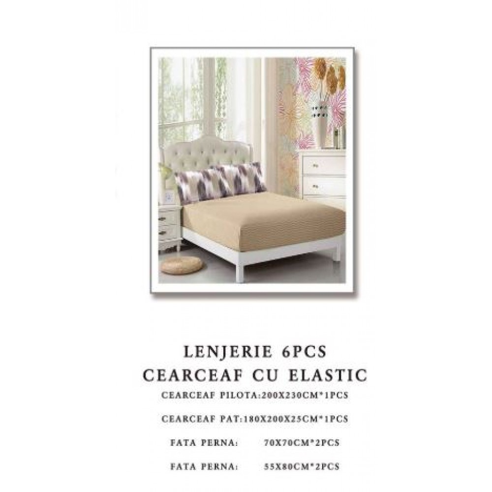 Set Lenjerie Eleganta pentru pat dublu din Bumbac Finet compus din 6 piese, Cearceaf de pat cu elastic 180x200cm+25cm, NW59