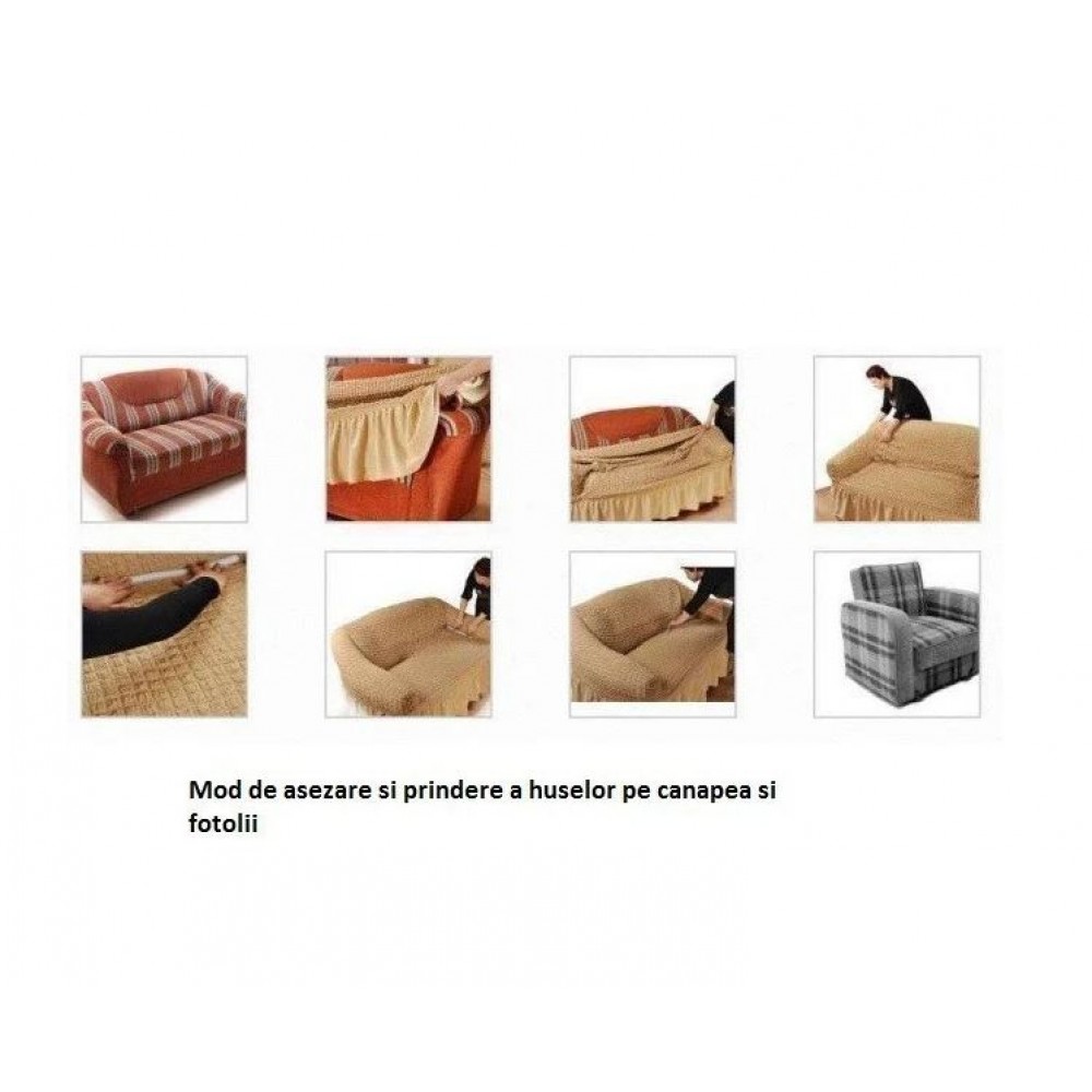 Set huse elastice si creponate pentru canapea 3 locuri si 2 fotolii, cu volane, SCU25