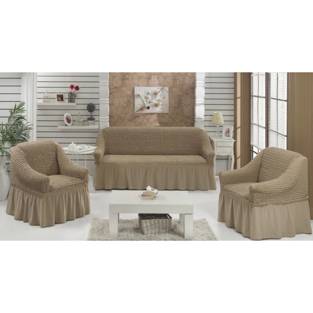 Set huse elastice si creponate pentru canapea 3 locuri si 2 fotolii, cu volane, SCU24