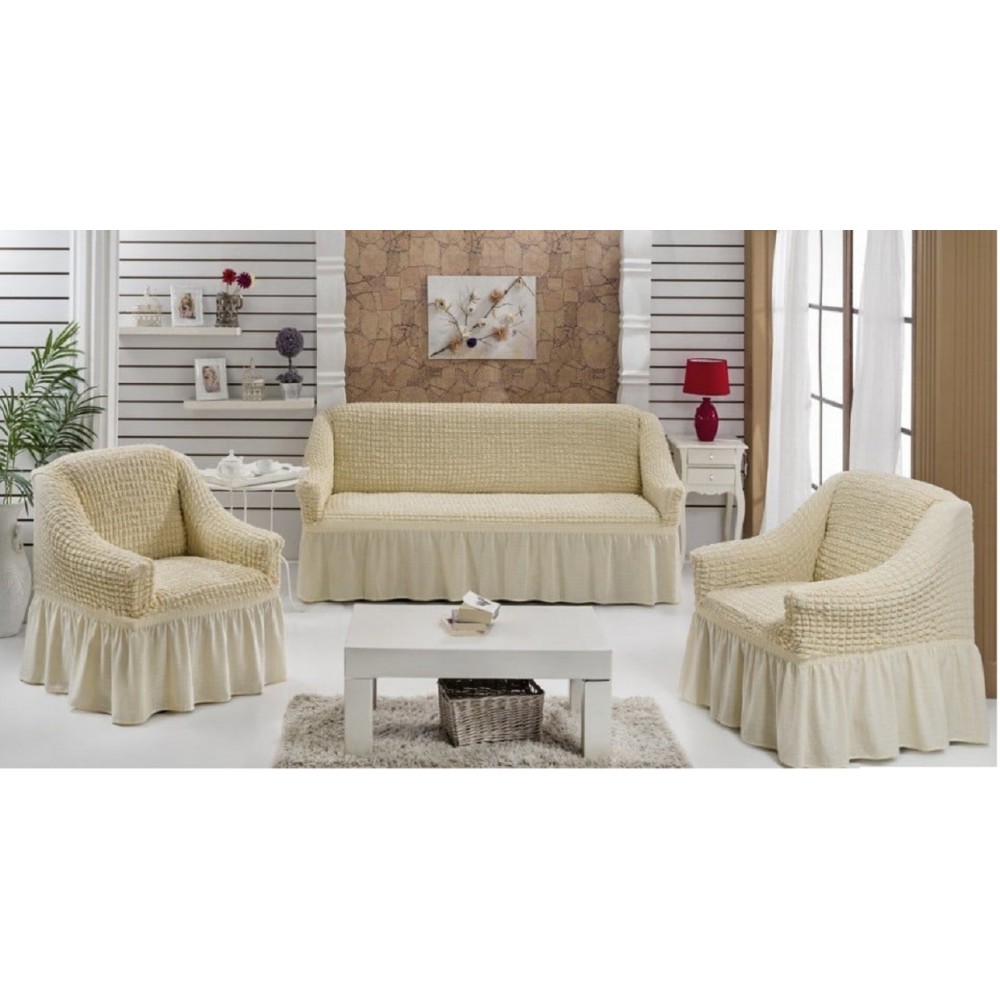 Set huse elastice si creponate pentru canapea 3 locuri si 2 fotolii, cu volane, SCU25