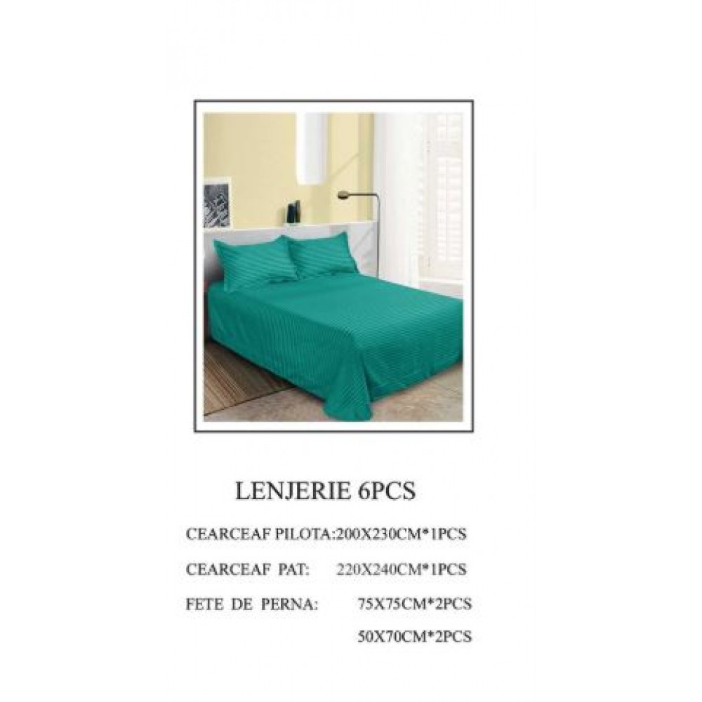 Set Lenjerie Eleganta tip Damasc pentru pat dublu din Bumbac finet, compus din 6 piese, Cearceaf de pat 220x240cm, LL-35