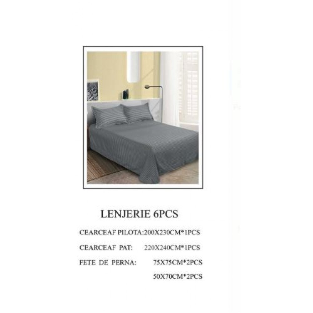 Set Lenjerie Eleganta tip Damasc pentru pat dublu din Bumbac finet, compus din 6 piese, Cearceaf de pat 220x240cm, LL-37