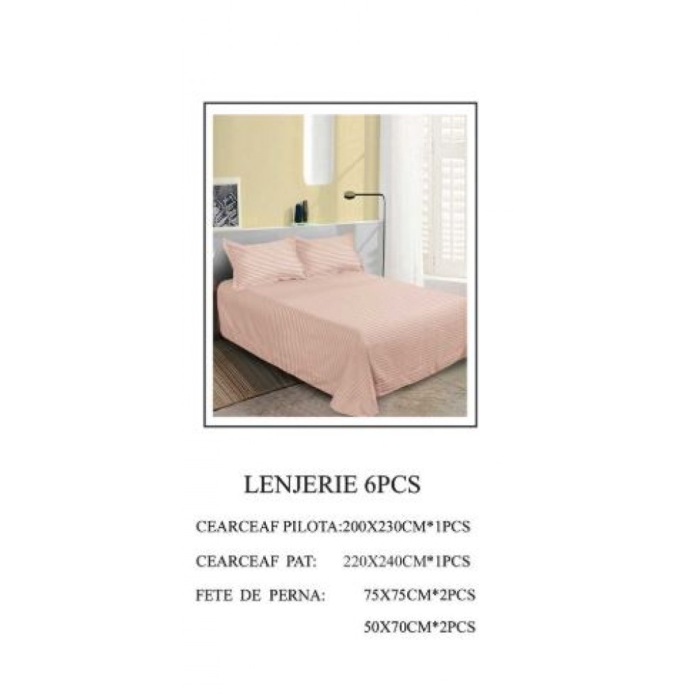Set Lenjerie Eleganta tip Damasc pentru pat dublu din Bumbac finet, compus din 6 piese, Cearceaf de pat 220x240cm, LL-10