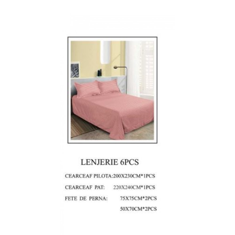Set Lenjerie Eleganta tip Damasc pentru pat dublu din Bumbac finet, compus din 6 piese, Cearceaf de pat 220x240cm, LL-07