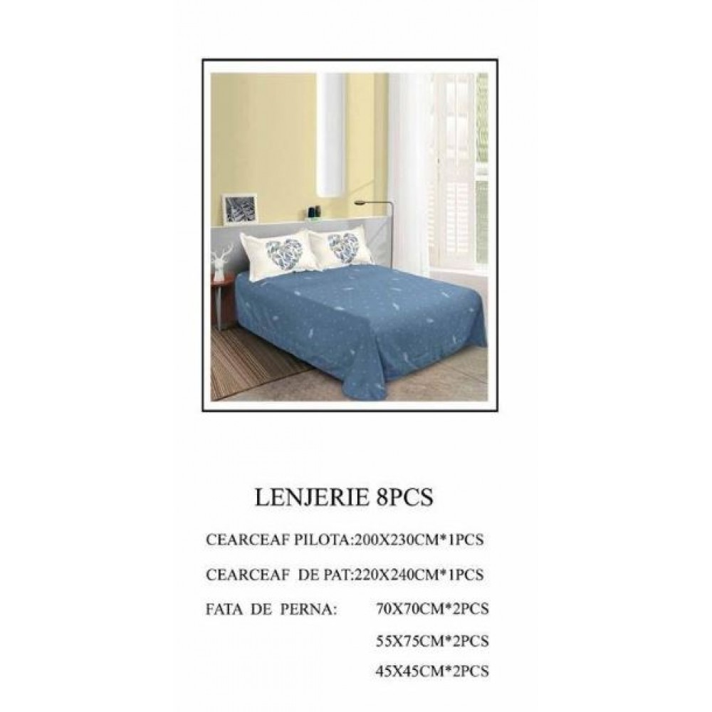 Set Lenjerie Eleganta pentru pat dublu din Bumbac Finet compus din 8 piese, Cearceaf de pat 220x240cm, SNH1
