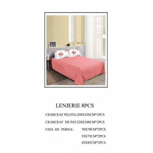 Set Lenjerie Eleganta pentru pat dublu din Bumbac Finet compus din 8 piese, Cearceaf de pat 220x240cm, SNH5