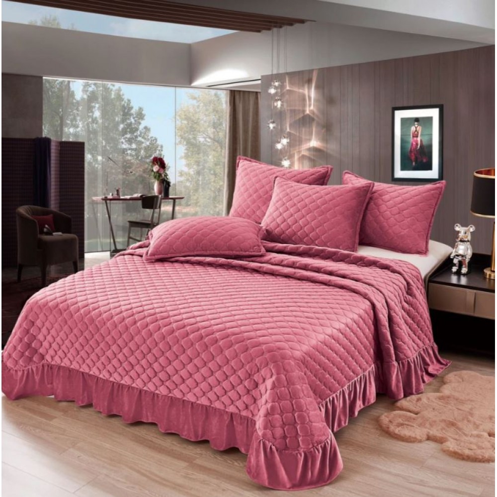 Cuvertura pentru pat de 2 persoane, 3 piese, Catifea cu volanase, 230x250+20cm, CF-2