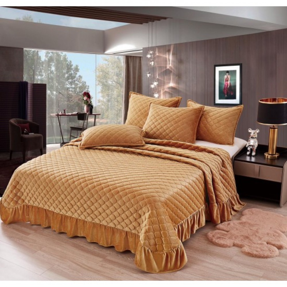 Cuvertura pentru pat de 2 persoane, 3 piese, Catifea cu volanase, 230x250+20cm, CF-1