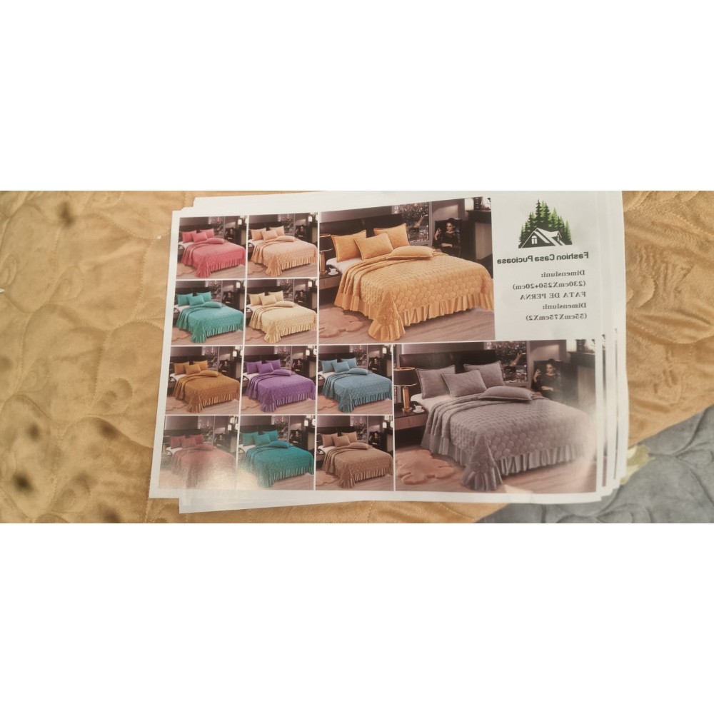 Cuvertura pentru pat de 2 persoane, 3 piese, Catifea cu volanase, 230x250+20cm, CF-7