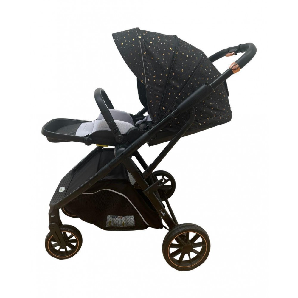 Carucior pliabil, 2 in 1, reversibil, geanta scutece, 6-36 luni, transformabil din landou in parte sport, Colectie Lux, C7-Negru Stars