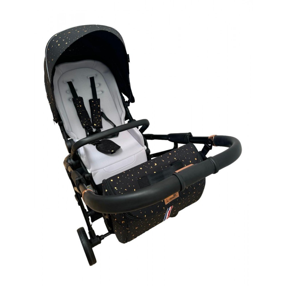 Carucior pliabil, 2 in 1, reversibil, geanta scutece, 6-36 luni, transformabil din landou in parte sport, Colectie Lux, C7-Negru Stars