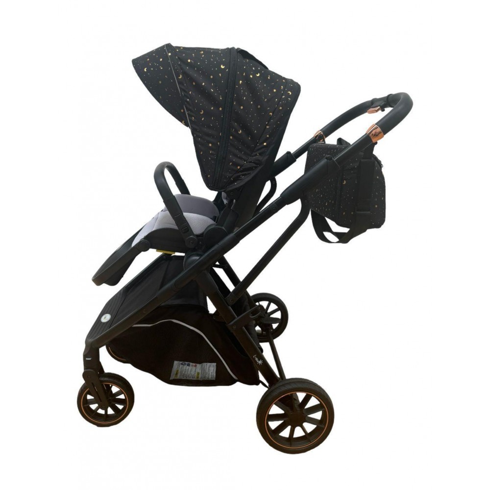 Carucior pliabil, 2 in 1, reversibil, geanta scutece, 6-36 luni, transformabil din landou in parte sport, Colectie Lux, C7-Negru Stars
