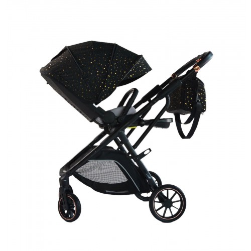 Carucior pliabil, 2 in 1, reversibil, geanta scutece, 6-36 luni, transformabil din landou in parte sport, Colectie Lux, C7-Negru Stars