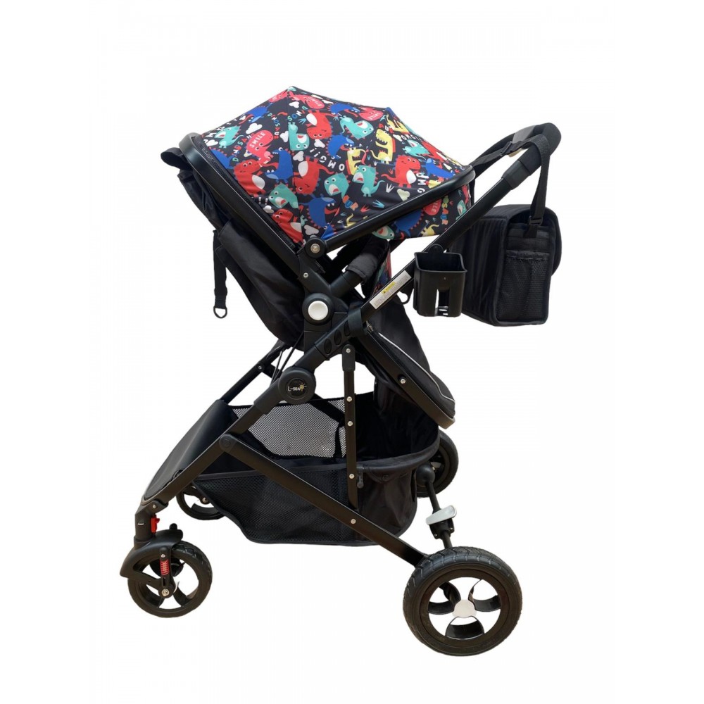 Carucior 2 in 1 cu landou reversibil, geanta pentru scutece, 0-36 luni, plasa pentru insecte, Colectie Lux, 800-Negru cu Dino