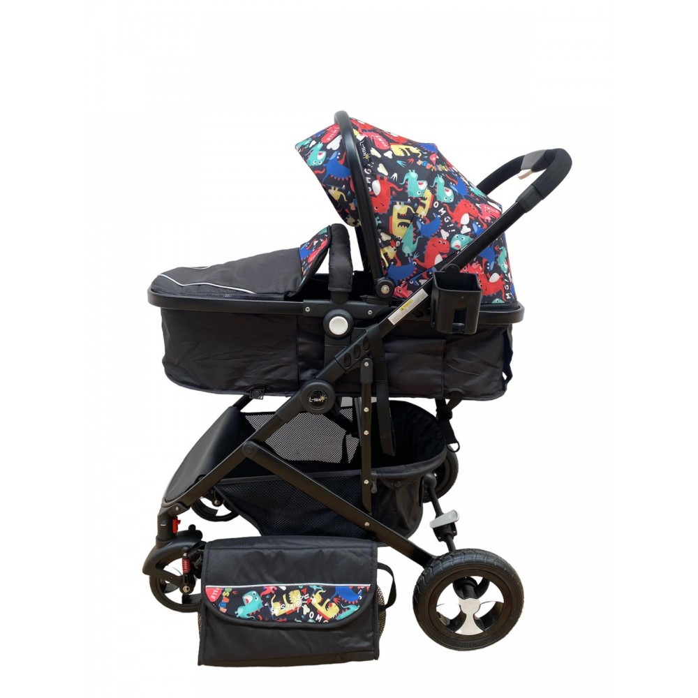 Carucior 2 in 1 cu landou reversibil, geanta pentru scutece, 0-36 luni, plasa pentru insecte, Colectie Lux, 800-Negru cu Dino