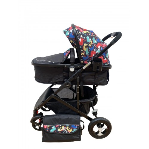 Carucior 2 in 1 cu landou reversibil, geanta pentru scutece, 0-36 luni, plasa pentru insecte, Colectie Lux, 800-Negru cu Dino