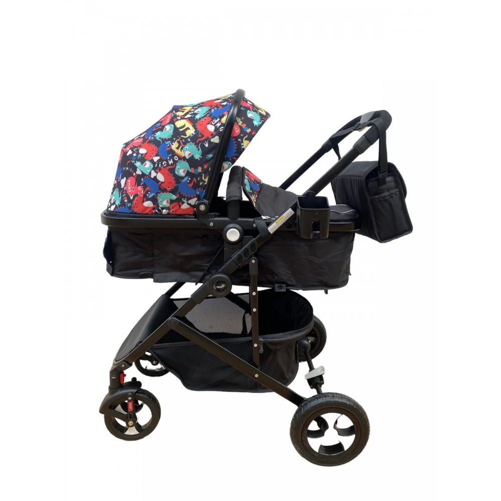 Carucior 2 in 1 cu landou reversibil, geanta pentru scutece, 0-36 luni, plasa pentru insecte, Colectie Lux, 800-Negru cu Dino