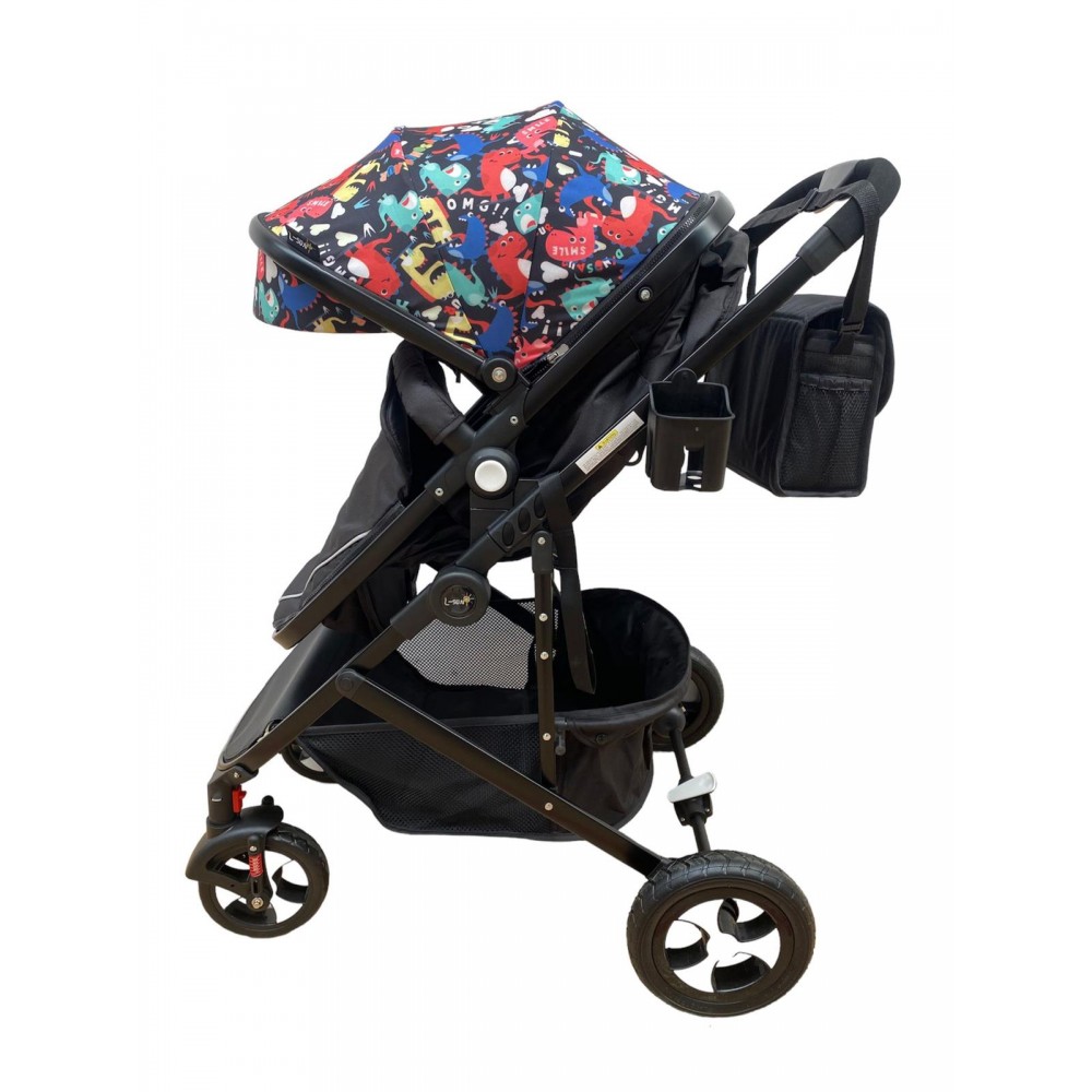 Carucior 2 in 1 cu landou reversibil, geanta pentru scutece, 0-36 luni, plasa pentru insecte, Colectie Lux, 800-Negru cu Dino