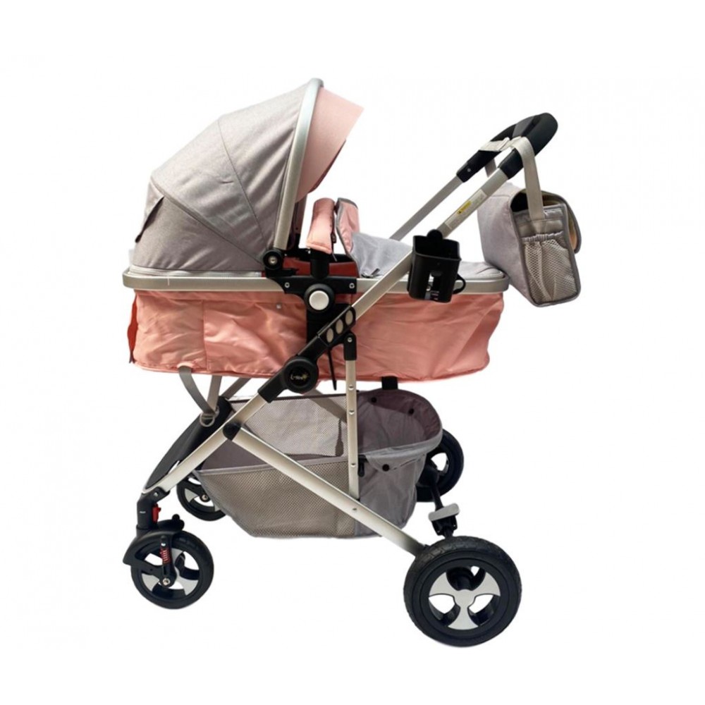 Carucior 2 in 1 cu landou reversibil, geanta pentru scutece, 0-36 luni, plasa pentru insecte, Colectie Lux, 800-Roz