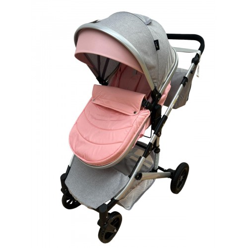 Carucior 2 in 1 pentru copii Landou si Sport, cu maner reversibil si cu suspensii, 0-36 luni, T7-Roz cu gri