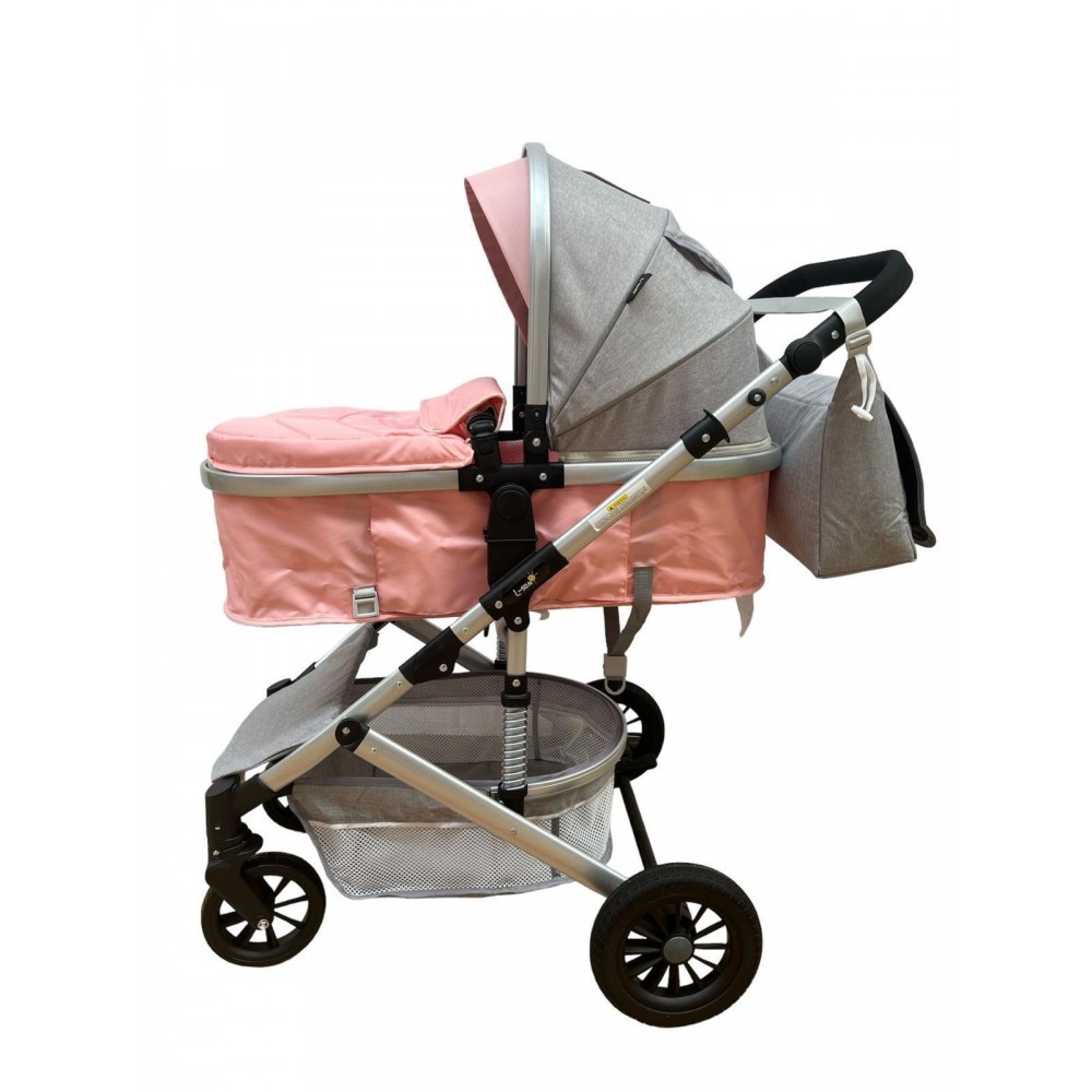 Carucior 2 in 1 pentru copii Landou si Sport, cu maner reversibil si cu suspensii, 0-36 luni, T7-Roz cu gri