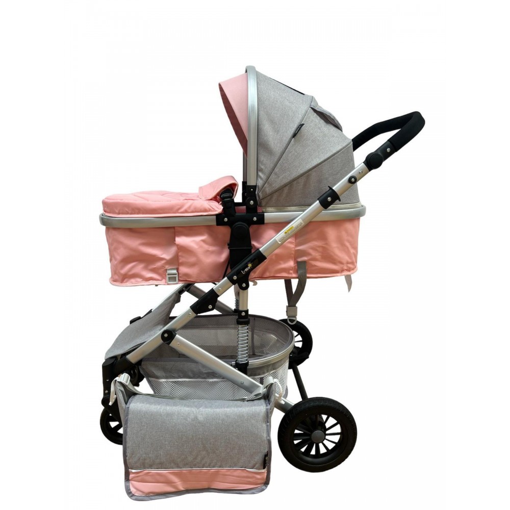 Carucior 2 in 1 pentru copii Landou si Sport, cu maner reversibil si cu suspensii, 0-36 luni, T7-Roz cu gri