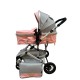 Carucior 2 in 1 pentru copii Landou si Sport, cu maner reversibil si cu suspensii, 0-36 luni, T7-Roz cu gri