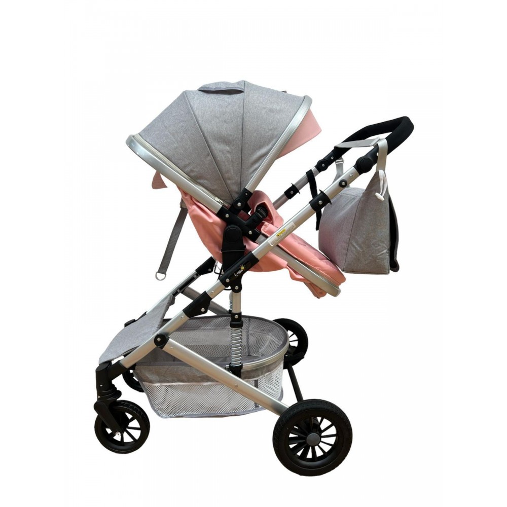 Carucior 2 in 1 pentru copii Landou si Sport, cu maner reversibil si cu suspensii, 0-36 luni, T7-Roz cu gri