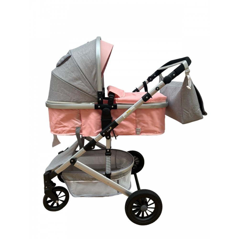 Carucior 2 in 1 pentru copii Landou si Sport, cu maner reversibil si cu suspensii, 0-36 luni, T7-Roz cu gri