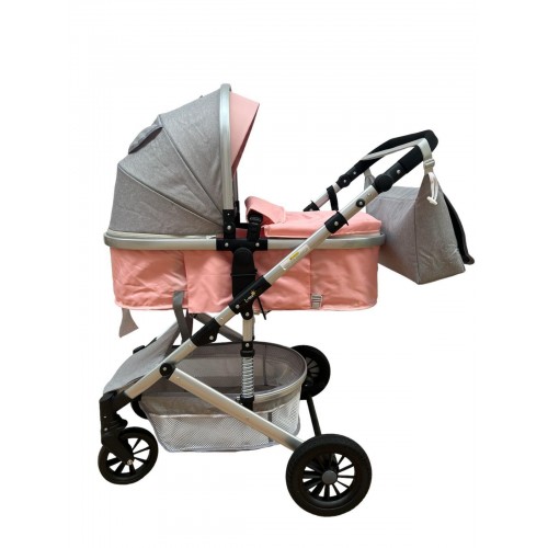 Carucior 2 in 1 pentru copii Landou si Sport, cu maner reversibil si cu suspensii, 0-36 luni, T7-Roz cu gri