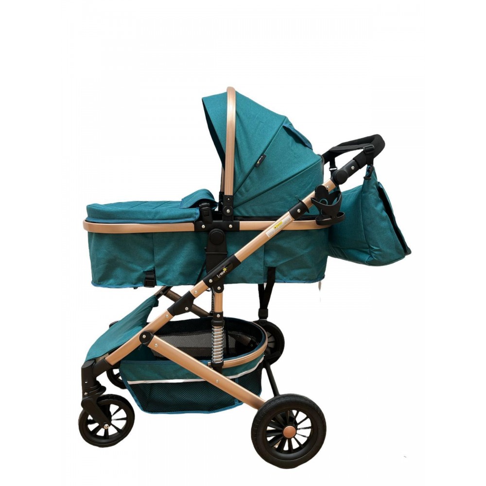 Carucior 2 in 1 pentru copii Landou si Sport, cu maner reversibil si cu suspensii, 0-36 luni, T7-Turcoaz