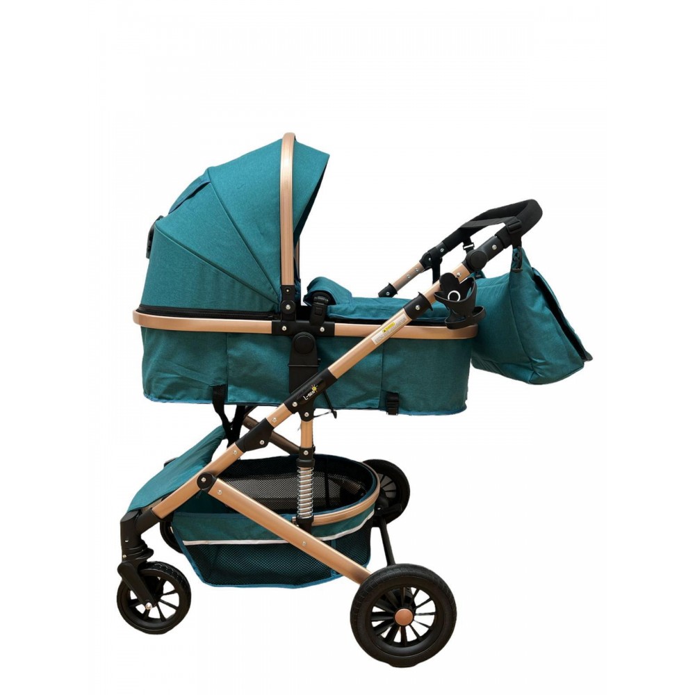 Carucior 2 in 1 pentru copii Landou si Sport, cu maner reversibil si cu suspensii, 0-36 luni, T7-Turcoaz