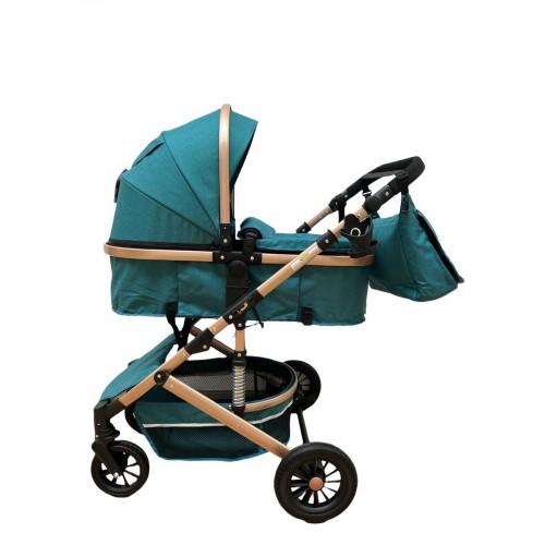 Carucior 2 in 1 pentru copii Landou si Sport, cu maner reversibil si cu suspensii, 0-36 luni, T7-Turcoaz