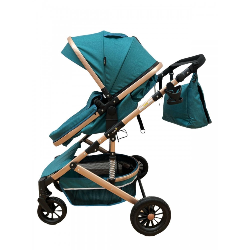 Carucior 2 in 1 pentru copii Landou si Sport, cu maner reversibil si cu suspensii, 0-36 luni, T7-Turcoaz