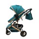 Carucior 2 in 1 pentru copii Landou si Sport, cu maner reversibil si cu suspensii, 0-36 luni, T7-Turcoaz