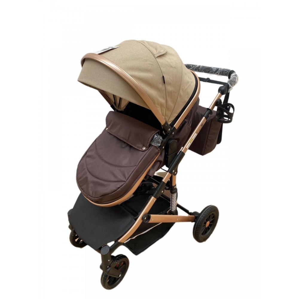 Carucior 2 in 1 pentru copii Landou si Sport, cu maner reversibil si cu suspensii, 0-36 luni, T7-Crem
