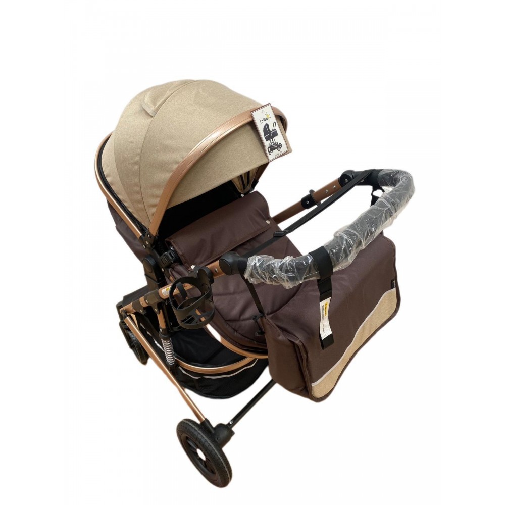 Carucior 2 in 1 pentru copii Landou si Sport, cu maner reversibil si cu suspensii, 0-36 luni, T7-Crem