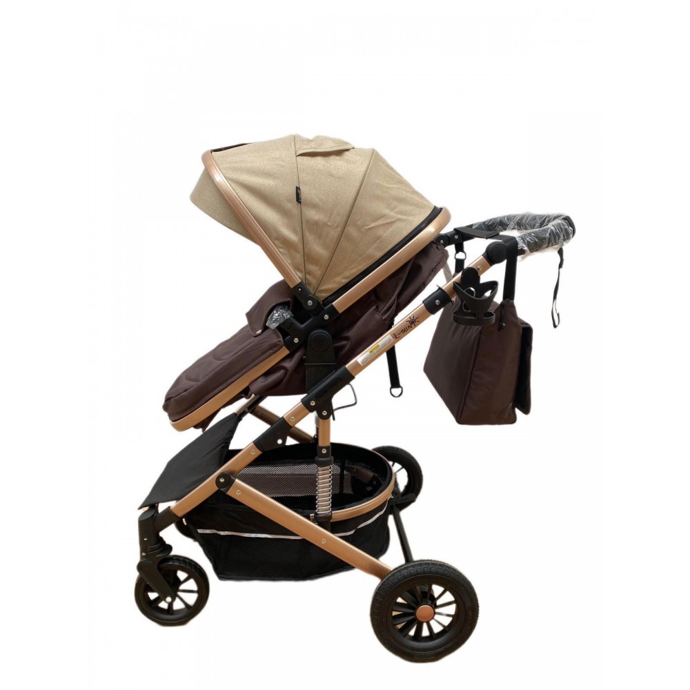 Carucior 2 in 1 pentru copii Landou si Sport, cu maner reversibil si cu suspensii, 0-36 luni, T7-Crem