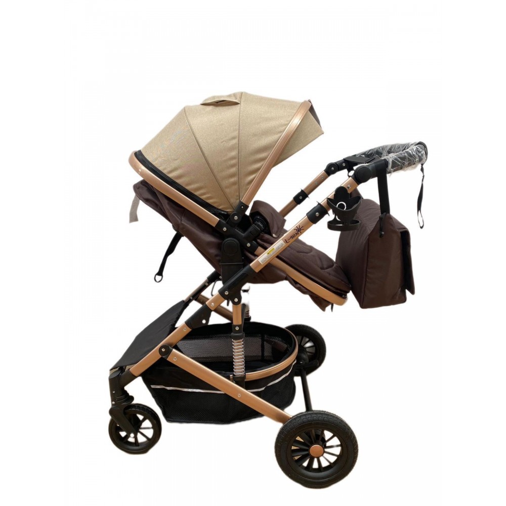 Carucior 2 in 1 pentru copii Landou si Sport, cu maner reversibil si cu suspensii, 0-36 luni, T7-Crem