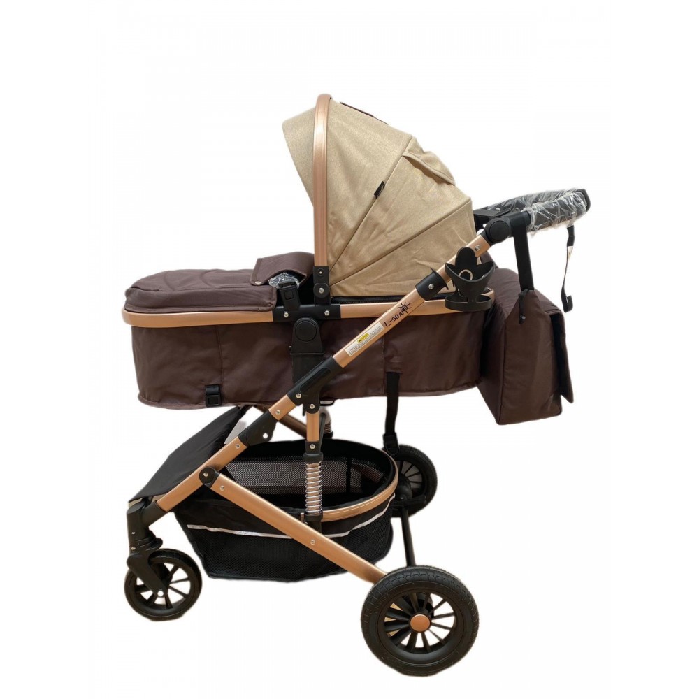 Carucior 2 in 1 pentru copii Landou si Sport, cu maner reversibil si cu suspensii, 0-36 luni, T7-Crem