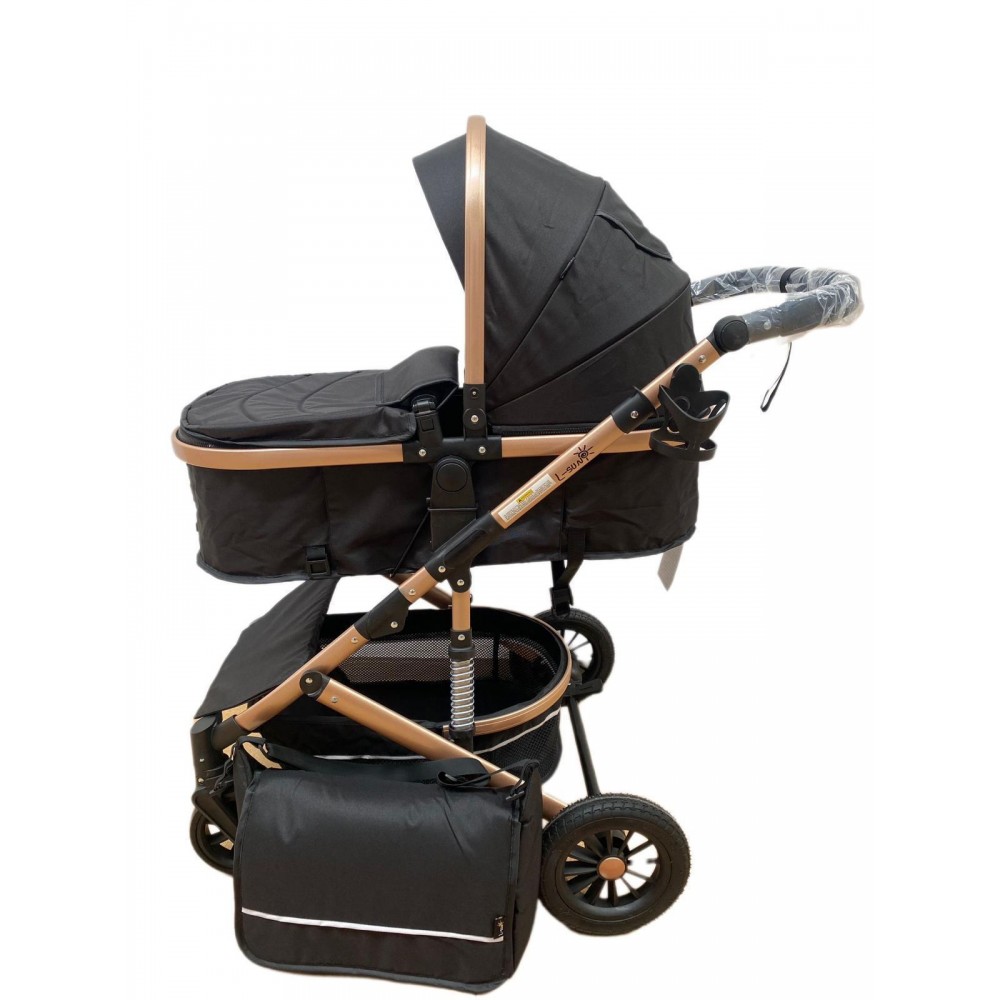Carucior 2 in 1 pentru copii Landou si Sport, cu maner reversibil si cu suspensii, 0-36 luni, T7-Negru
