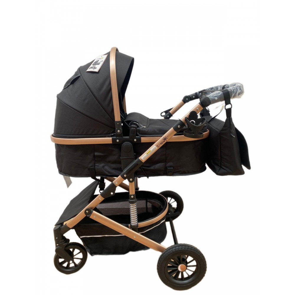 Carucior 2 in 1 pentru copii Landou si Sport, cu maner reversibil si cu suspensii, 0-36 luni, T7-Negru