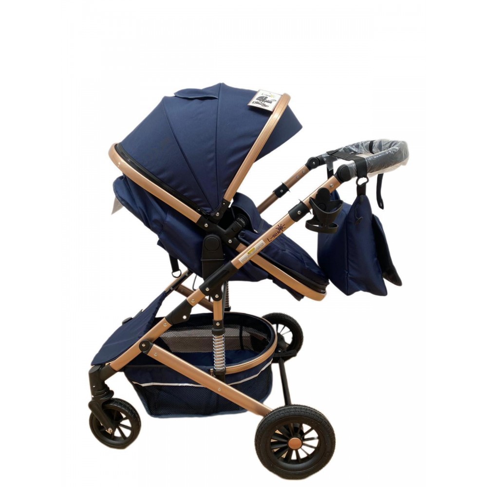 Carucior 2 in 1 pentru copii Landou si Sport, cu maner reversibil si cu suspensii, 0-36 luni, T7-Albastru