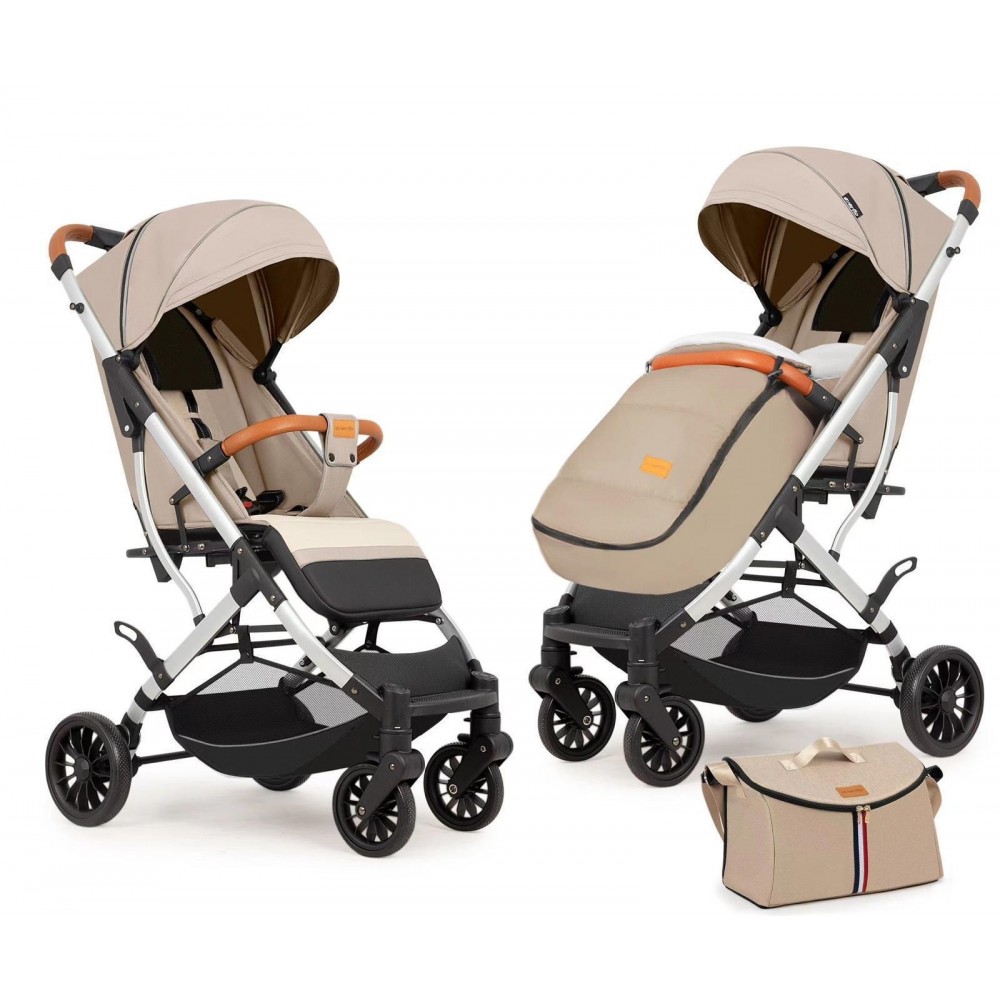 Carucior sport cu geanta si husa pentru picioare, pliere rapida tip troller, 6-36 luni, S2-Crem