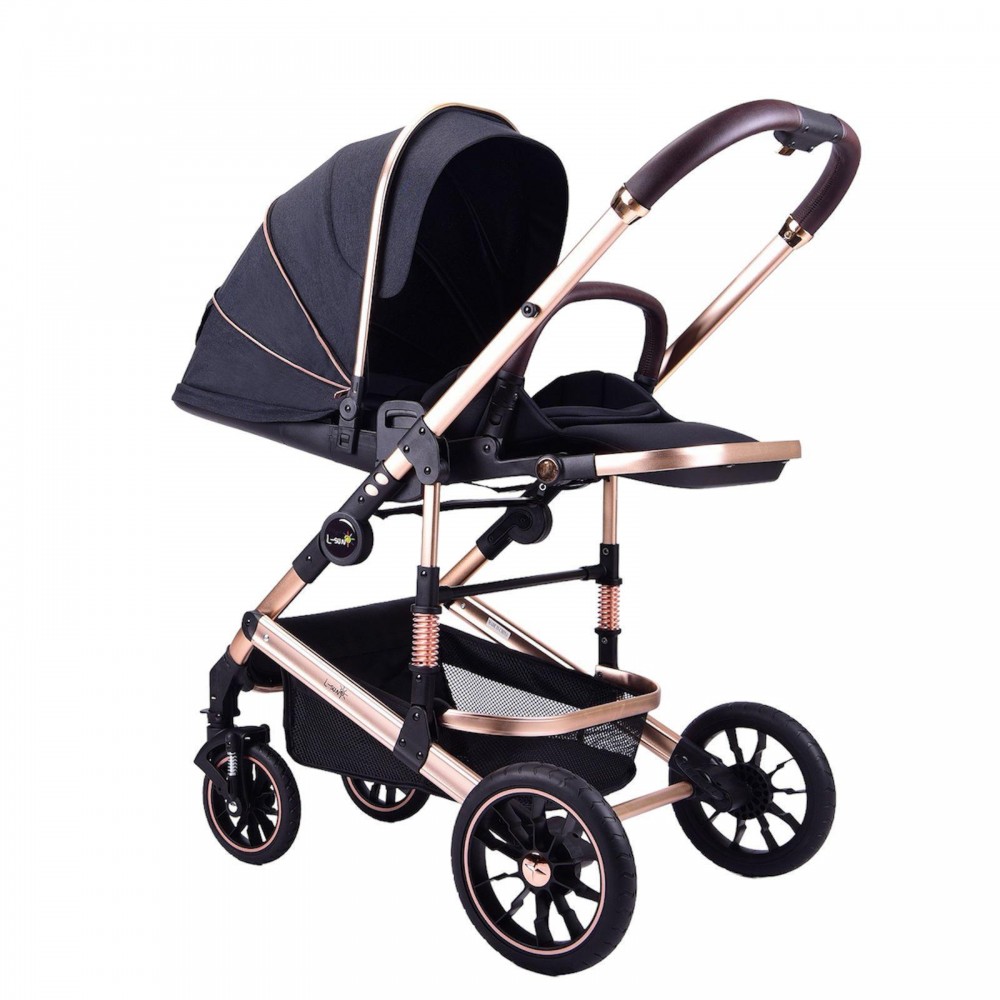 Carucior 2 in 1 transformabil, 0-36 luni, Cu suspensii, Maner reversibil, Pozitie de somn si sezut, colectia de lux, F3-Negru