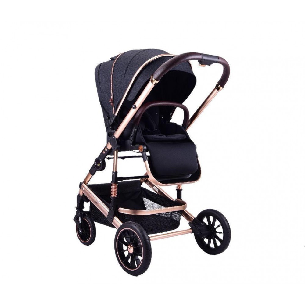 Carucior 2 in 1 transformabil, 0-36 luni, Cu suspensii, Maner reversibil, Pozitie de somn si sezut, colectia de lux, F3-Negru
