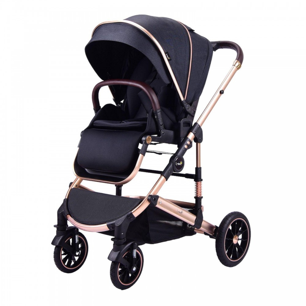 Carucior 2 in 1 transformabil, 0-36 luni, Cu suspensii, Maner reversibil, Pozitie de somn si sezut, colectia de lux, F3-Negru