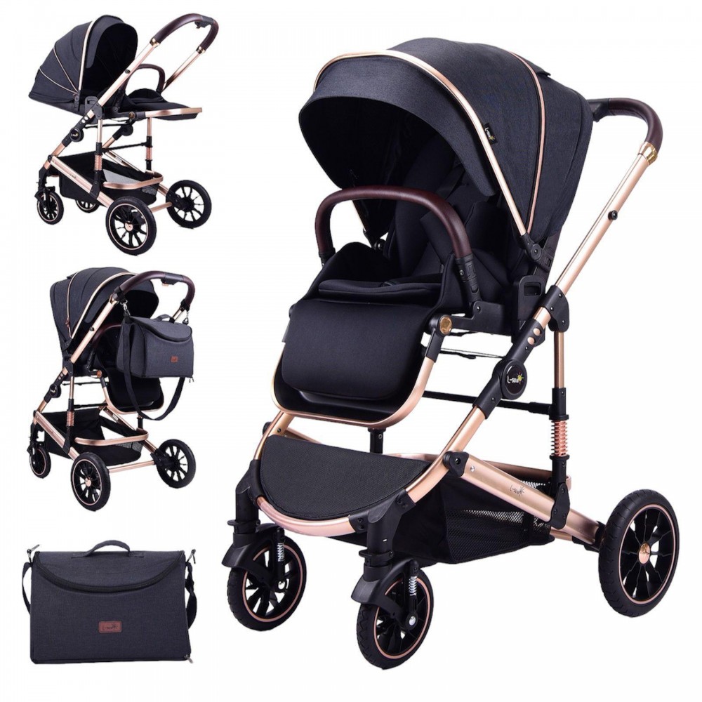 Carucior 2 in 1 transformabil, 0-36 luni, Cu suspensii, Maner reversibil, Pozitie de somn si sezut, colectia de lux, F3-Negru
