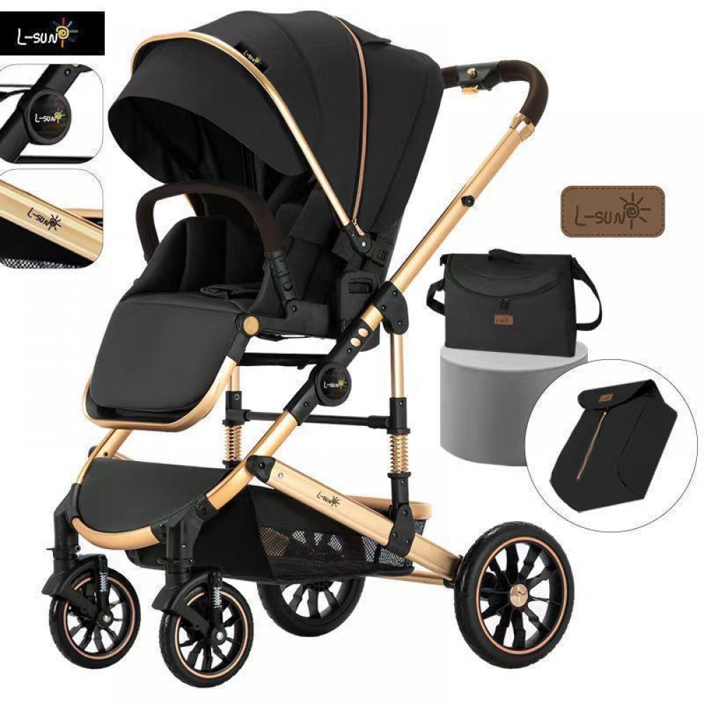 Carucior 2 in 1 transformabil, 0-36 luni, Cu suspensii, Maner reversibil, Pozitie de somn si sezut, colectia de lux, F3-Negru